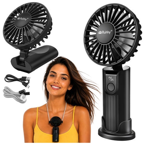 Přenosný ruční ventilátor, USB-C, baterie 2400mAh, černý