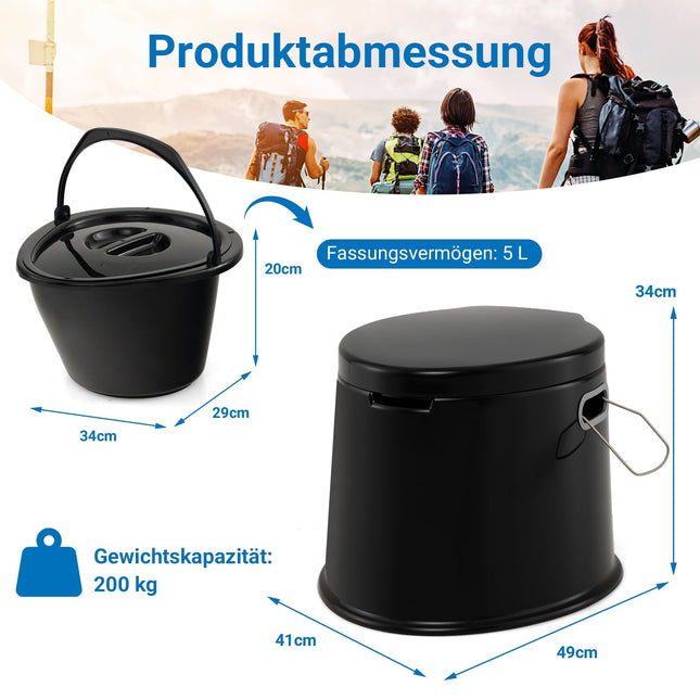 Přenosná kempingová toaleta s vyjímatelným kbelíkem, černá, nosnost 200 kg
