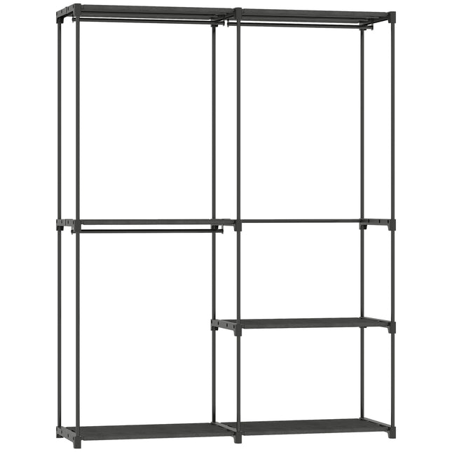 Draagbare kledingrek, metalen frame, stoffen planken, zwart