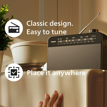Portable analog FM/MW radio TAR2509. Mains or battery powered.
