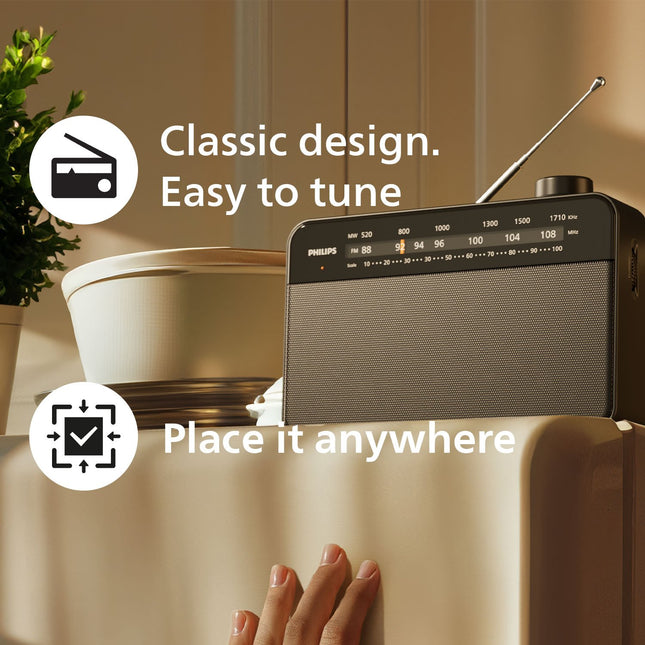 Přenosné analogové FM/MW rádio TAR2509, napájení ze sítě nebo baterie