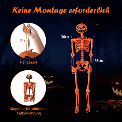 Polohovatelná halloweenská kostra 1.6 m s dýňovou hlavou