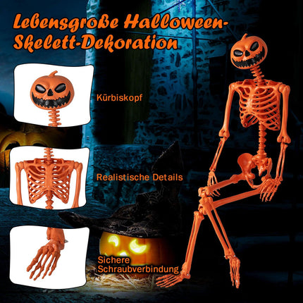Polohovatelná halloweenská kostra 1.6 m s dýňovou hlavou