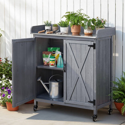 Potting Bench with Wood Cabinet, Galvanized Top, Casters