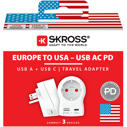 Napájecí adaptér EU na US, USB-A/USB-C, 20W PD, uzemněný