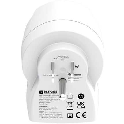 Napájecí adaptér EU na US, USB-A/USB-C, 20W PD, uzemněný