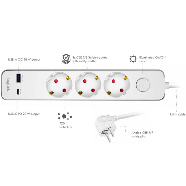 Zásuvková lišta 3 zásuvky + USB-A/USB-C PD 20W, 1.4m, bílá