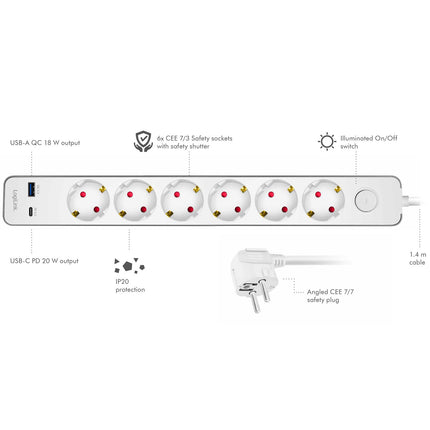 Zásuvková lišta 6 zásuvek + USB-A/USB-C PD 20W, vypínač, 1.4m, bílá