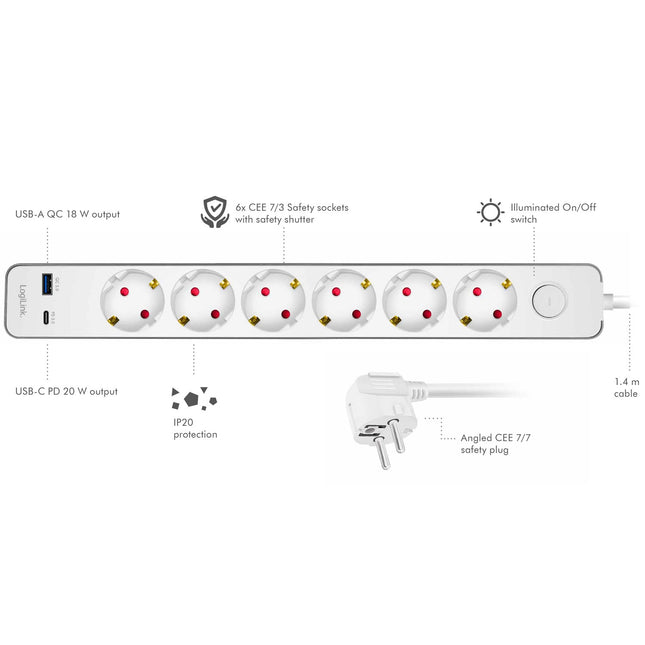 Zásuvková lišta 6 zásuvek + USB-A/USB-C PD 20W, vypínač, 1.4m, bílá