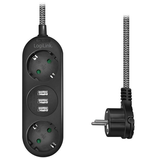 Rozbočka s uzemněním 2 zásuvky 3xUSB plochá zástrčka