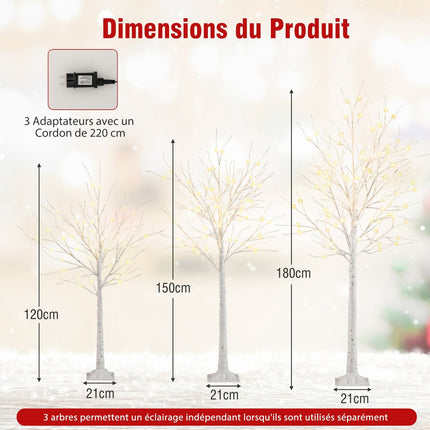 Sada svítících bříz, 3 ks 120–180 cm, teplé LED