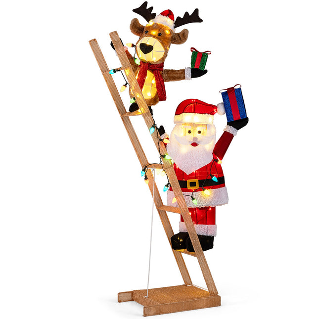 Svítící Santa a sob na žebříku, 166 cm, 100 LED