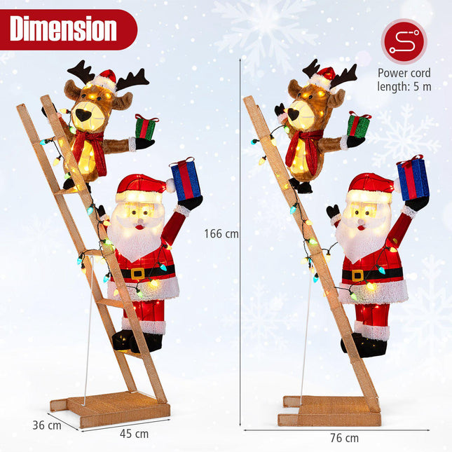 Svítící Santa a sob na žebříku, 166 cm, 100 LED