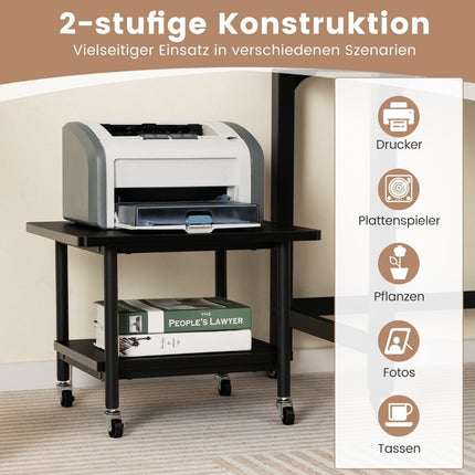 Stolek na tiskárnu se 2 patry a aretovatelnými kolečky, stojan na tiskárnu, vozík na tiskárnu, černý