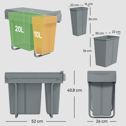 Výsuvný kuchyňský odpadkový koš, 2 vyjímatelné nádoby, 30L, kovový