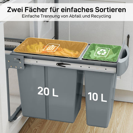 Výsuvný kuchyňský odpadkový koš, 2 vyjímatelné nádoby, 30L, kovový