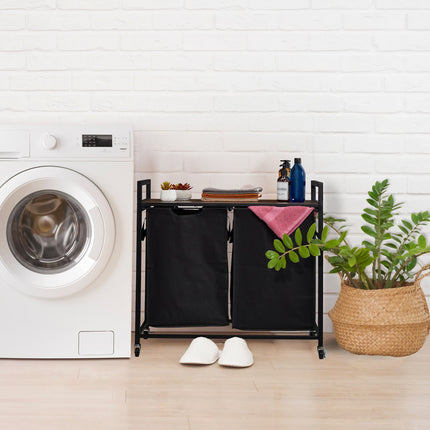 Pull-Out Laundry Basket Rack with Shelf and Wheels