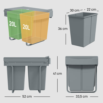 Výsuvný odpadkový koš, 2x20L, vyjímatelné nádoby, šedý