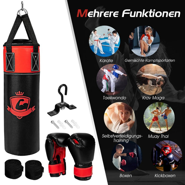 Sada boxovacího pytle s boxerskými rukavicemi 8oz a bandážemi, pytel pro děti a dospělé, černá + červená