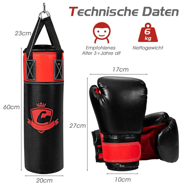 Sada boxovacího pytle s boxerskými rukavicemi 8oz a bandážemi, pytel pro děti a dospělé, černá + červená