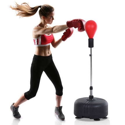Boxovací míč se stojanem, výškově nastavitelný 136-154cm, stojací boxovací míč s boxerskými rukavicemi, pro mládež a dospělé, na cvičení, odbourání stresu, fitness, červená