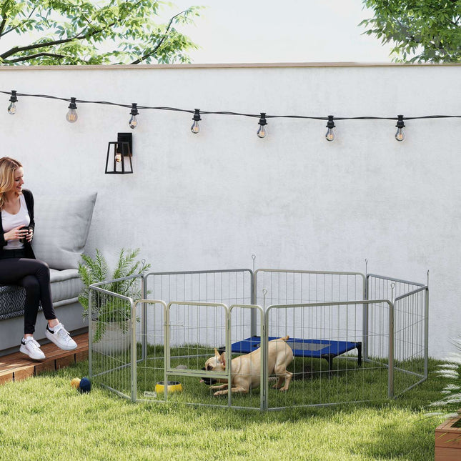 Puppyren 60 cm hoog, 8-delige hondenbox, puppybox met riem en deur, buitenverblijf voor kleine tot middelgrote honden, cavia's, konijnen, staal, zilver Aosoom