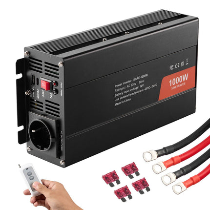 Pure Sine Wave Inverter 1000W, 12V to 230V, Remote