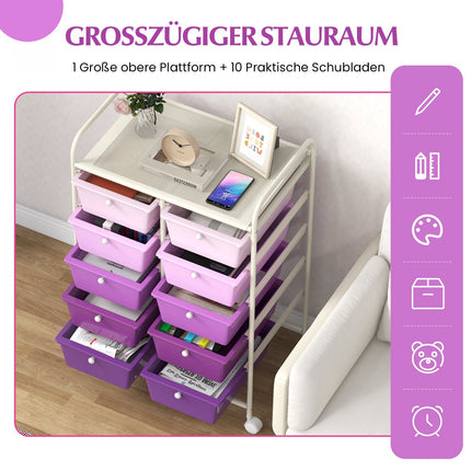 Pojízdný vozík s 10 stohovatelnými zásuvkami, kovový rám, fialová