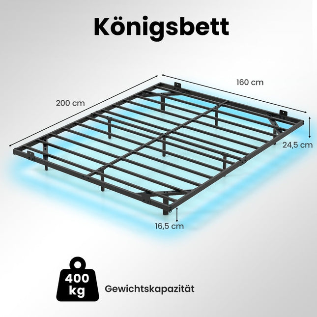 Queen Size Floating Bed Frame with LED Lights, Metal, 160x200 cm