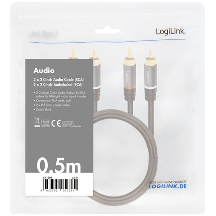 RCA audio kabel, 2x RCA samec na 2x RCA samec, 0.5m, pozlacený