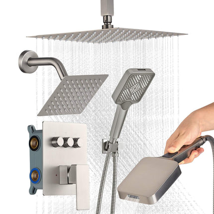 Rainfall Shower Faucet Set, Dual Head, Handheld, Brushed Nickel