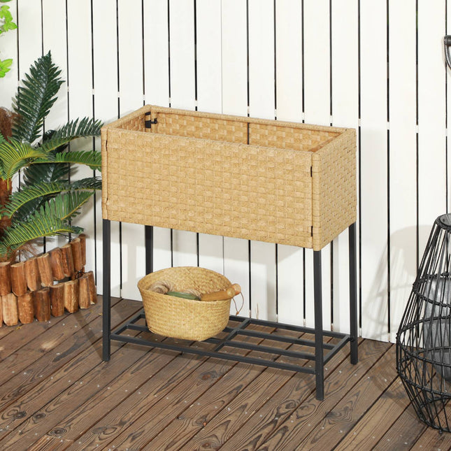 Raised garden pot in poly rattan with shelf, sand, 70x30x72 cm
