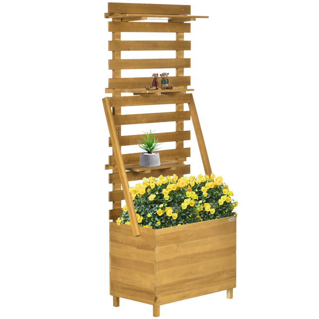 Raised wooden plant bed with trellis and 3 shelves, brown
