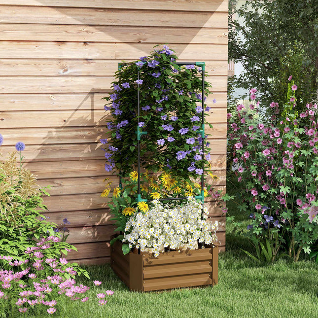 Raised Garden Bed with Trellis, Steel, 61x61x140 cm, Brown
