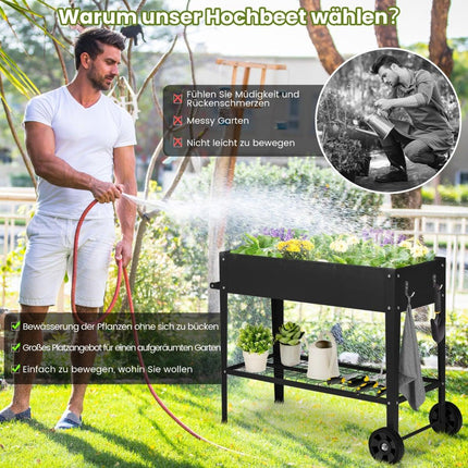 Raised Metal Garden Bed with Wheels, Shelf & Hooks - Black