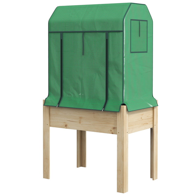 Verhoogd Houten Bed Met Kas, Verhoogd Koudframe, Kruidenbed Met Vliesstof, Naturel/Groen, 86X60X165Cm