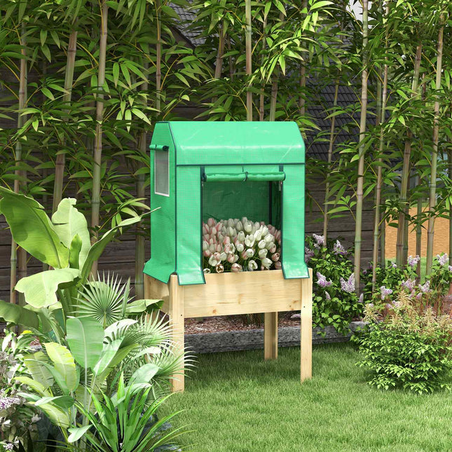 Verhoogd Houten Bed Met Kas, Verhoogd Koudframe, Kruidenbed Met Vliesstof, Naturel/Groen, 86X60X165Cm