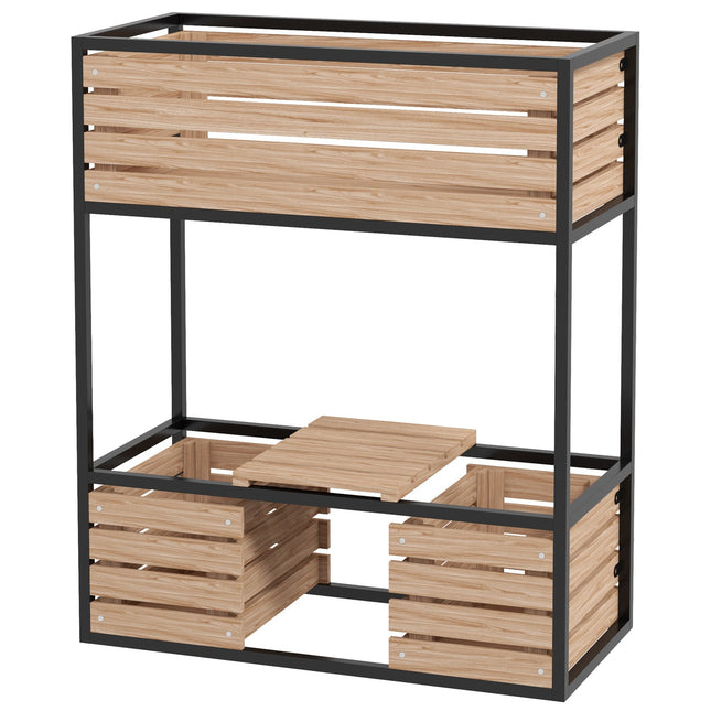 Verhoogd bed van hout, bloembak met 2 niveaus en plank, verhoogd groentebed met binnenvlies, kruidenbed, lichtbruin, 83 x 39 x 100 cm