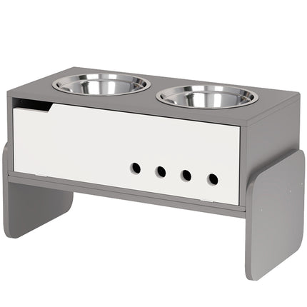 Adjustable raised dog bowl with storage, 2x 2L bowls, grey