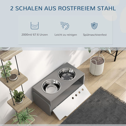 Adjustable raised dog bowl with storage, 2x 2L bowls, grey