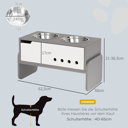 Adjustable raised dog bowl with storage, 2x 2L bowls, grey