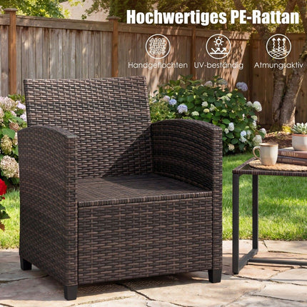 Rattan Balcony Set with 2 Chairs & Glass Table, Brown-Black