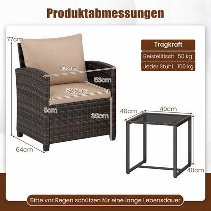 Ratanový balkonový set s 2 židlemi a skleněným stolem, hnědo-khaki