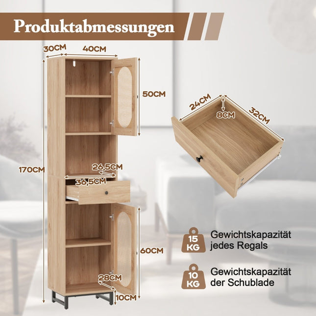Rattan Badezimmerschrank mit verstellbaren Einlegeböden und Schublade