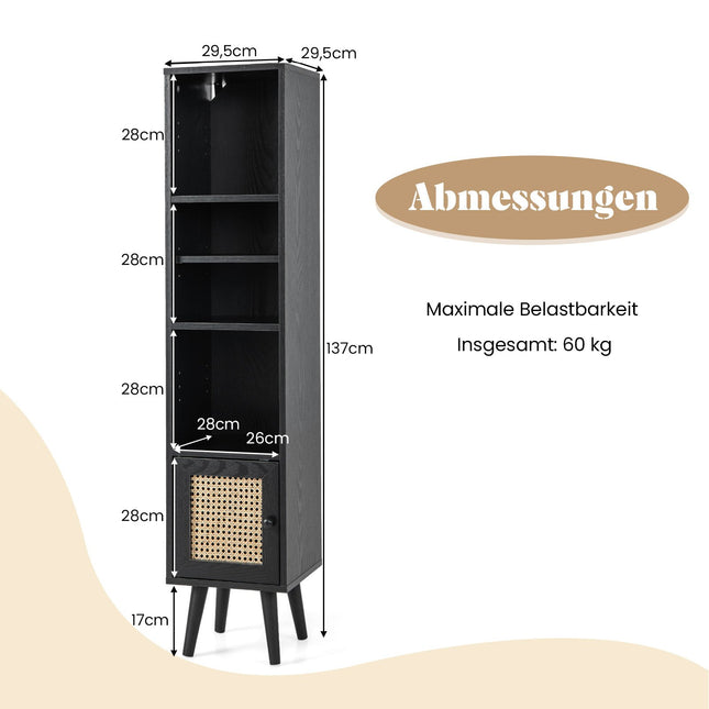 Rotan boekenplank met 4 planken en deur, Boho-stijl