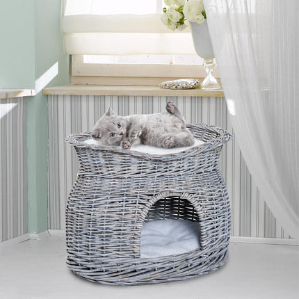 Rattan Cat Bed with canopy and cushion, water hyacinth