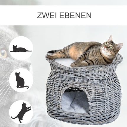 Rattan Cat Bed with canopy and cushion, water hyacinth