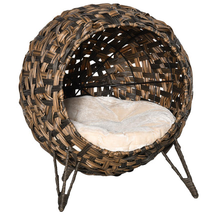 Ratanový pelíšek pro kočky, vyvýšený design s polštářem, hnědá, Ø52cm