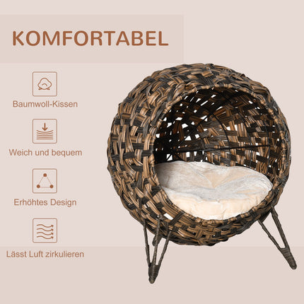 Ratanový pelíšek pro kočky, vyvýšený design s polštářem, hnědá, Ø52cm