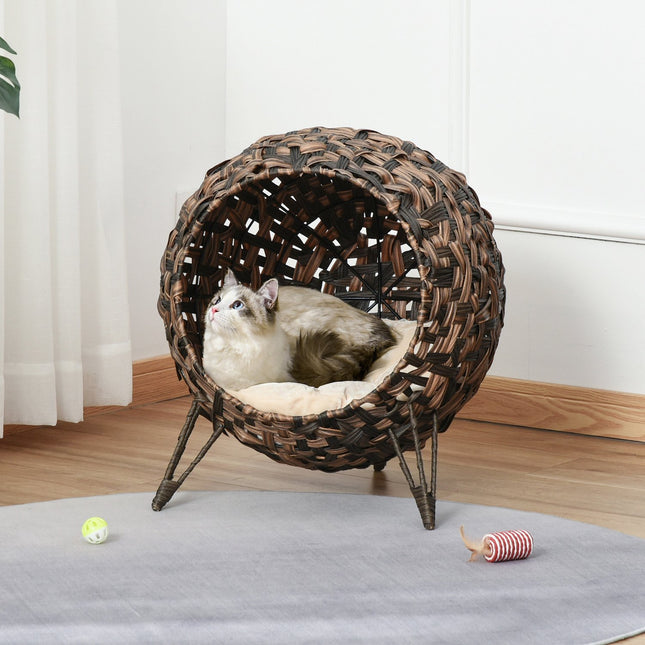 Ratanový pelíšek pro kočky, vyvýšený design s polštářem, hnědá, Ø52cm